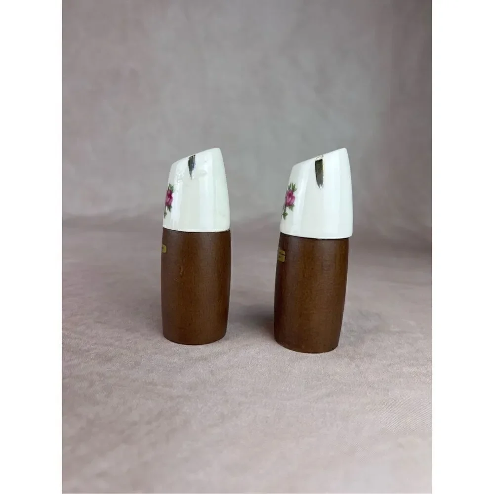 1960s Vintage Wooden Rose Mod MCM Salt and Pepper Shakers